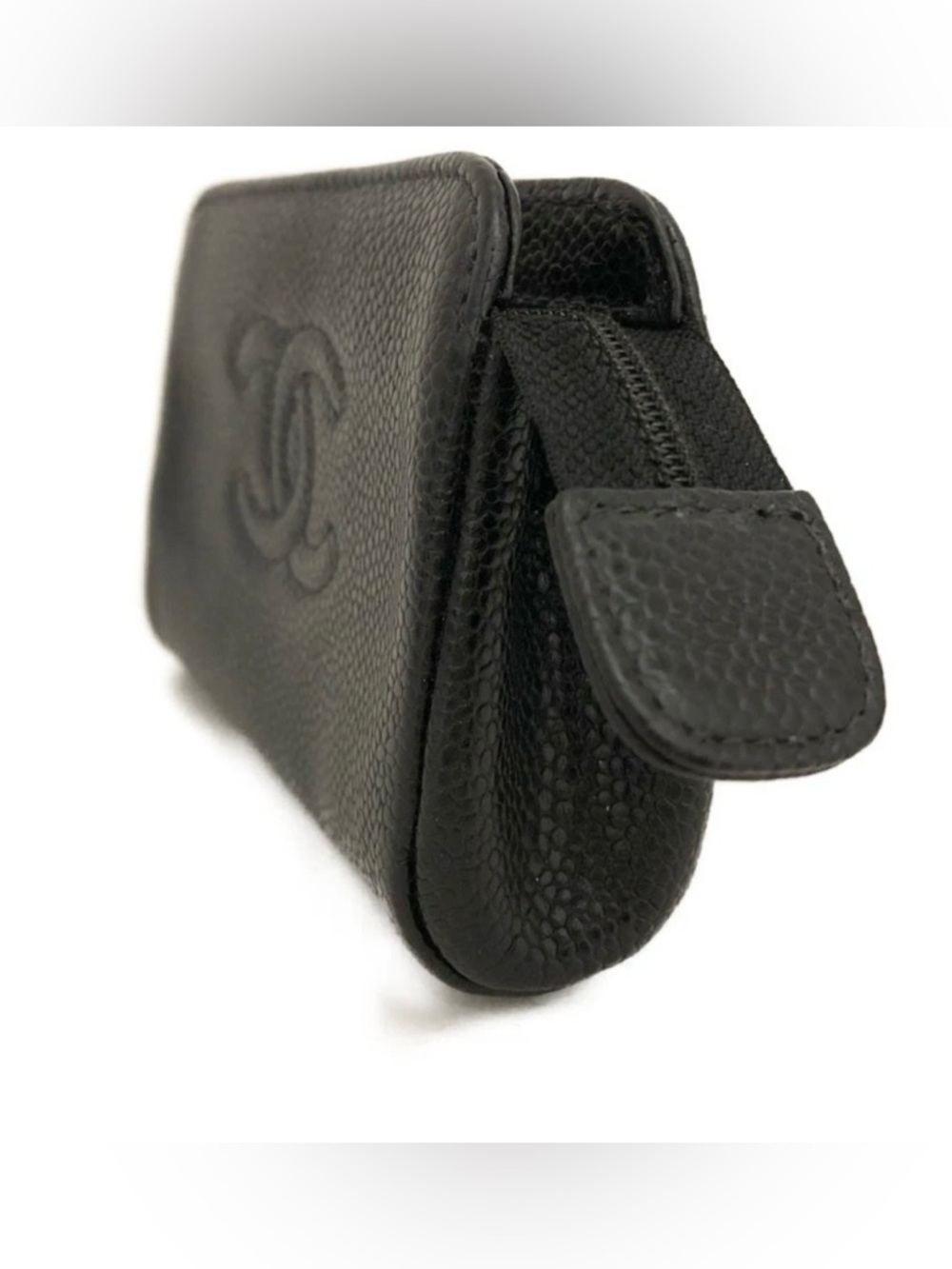 Beautiful Chanel Black Caviar Leather Zip Pouch Cosmetic Card Case Authentic View 4